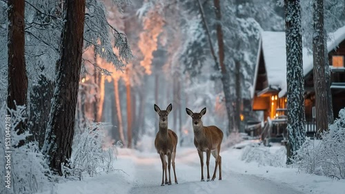 Serene winter scene with deer and cozy cabin in a snow-covered forest landscape