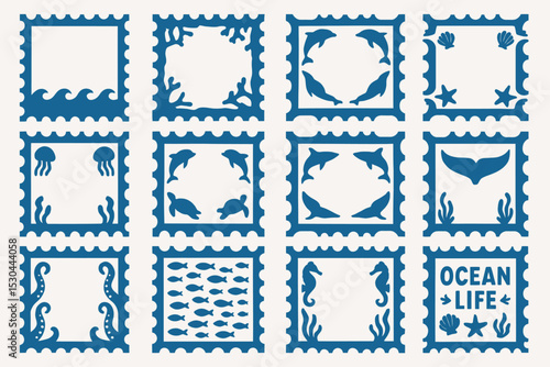 Underwater Ocean Sea Life Postage Stamp Frame Silhouette Clipart Set
