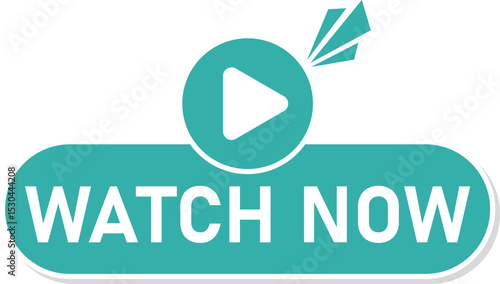 Modern "Watch Now" button graphic in teal with a play icon and paper plane accent. Ideal for use in video thumbnails, streaming platforms, websites, digital ads, and call-to-action (CTA) overlays.