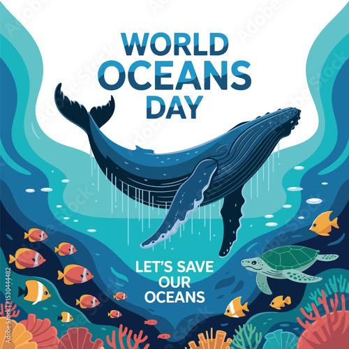 World Oceans Day Whale Illustration Save Marine Life Ocean Conservation Art