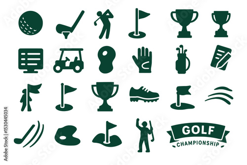 Golf Championship Black Silhouette Icon Set with Equipment and Sports Symbols