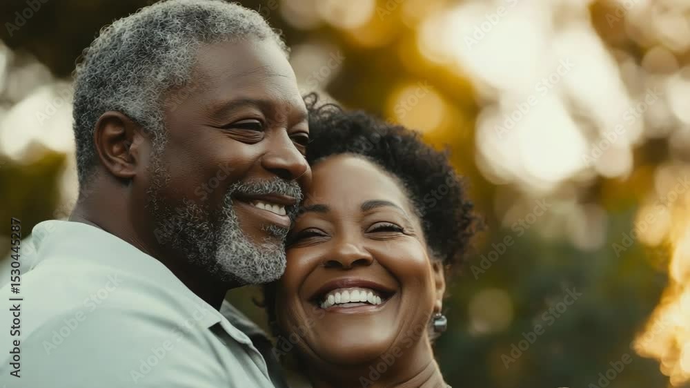 Loving elderly black couple smiling together outdoors during sunset Loving elderly black couple smiling together outdoors during sunset