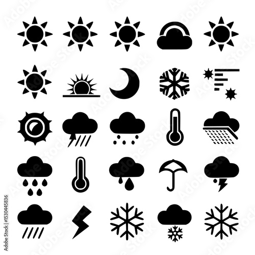 weather condition icons in black color on white background , no background