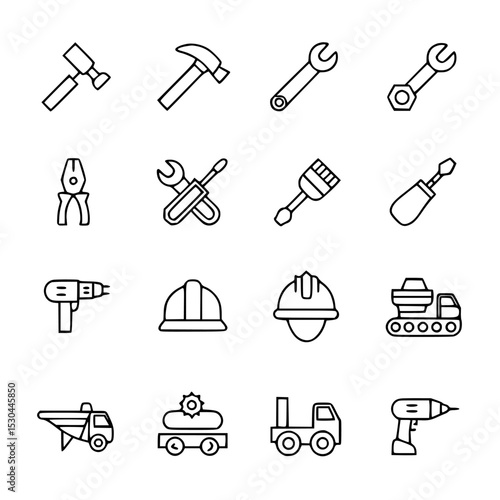 Construction tools and vehicles icons in a line art style on white background , no background