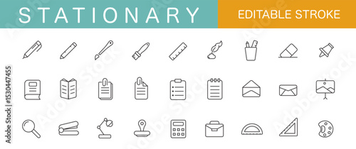 Stationary graphic design. Icons set. Thin line. Editable stroke. Minimalist icons. Simple design. Vector illustration