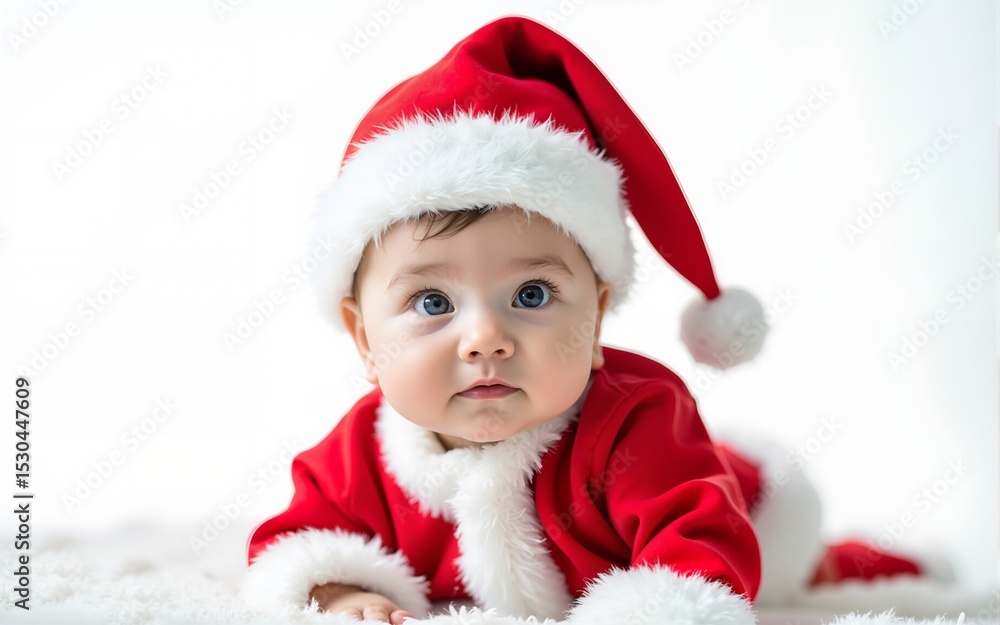 Cute santa baby with beautiful blue eyes on the white background. High quality Cute santa baby with beautiful blue eyes on the white background. High quality