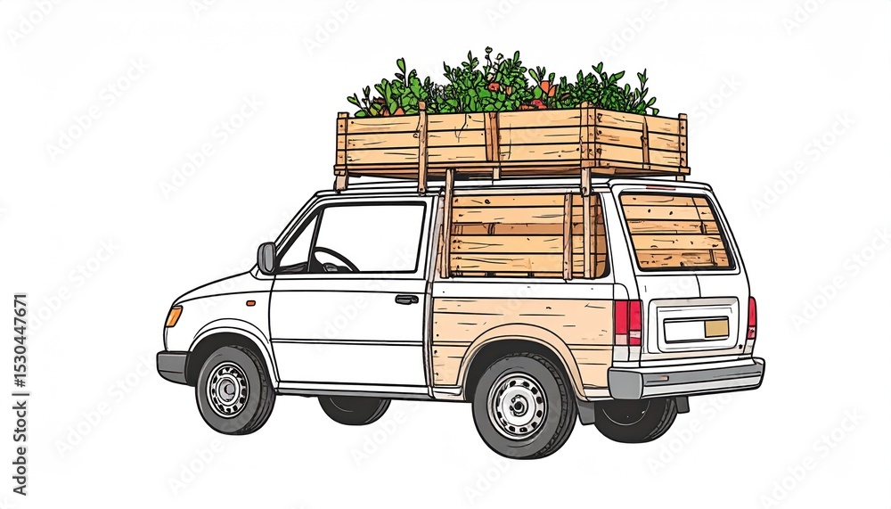 Obraz premium Vintage farm truck carrying freshly harvested vegetables in wooden crates
