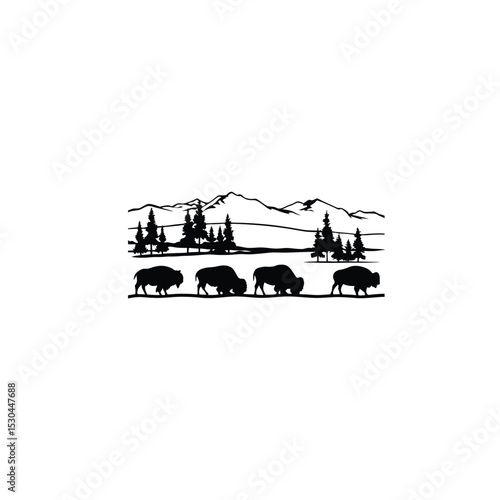 a herd of bison grazing in a wide valley silhouette on white background