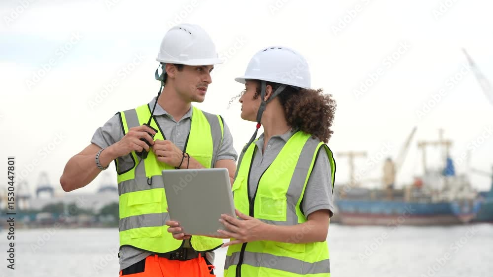 Port Engineers Team Discussing Logistics at a Shipping Yard, Team of Maritime Professionals Planning at a Harbor, Industrial Workers Overseeing Operations at a Commercial Dock Port Engineers Team Discussing Logistics at a Shipping Yard, Team of Maritime Professionals Planning at a Harbor, Industrial Workers Overseeing Operations at a Commercial Dock