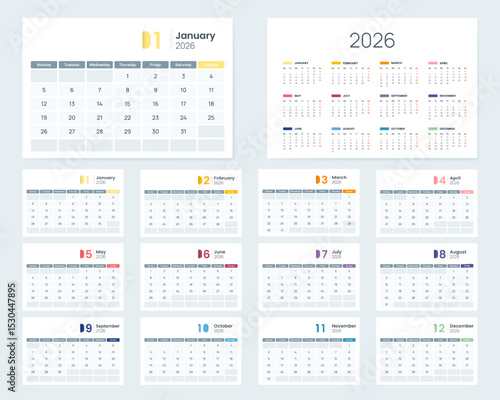 2026 calendar set with clean monthly layouts, weekday labels, corporate design template vector. Desk calendar 2026