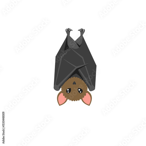 Cartoon bat hanging upside down in a minimalist style, with a simple white background