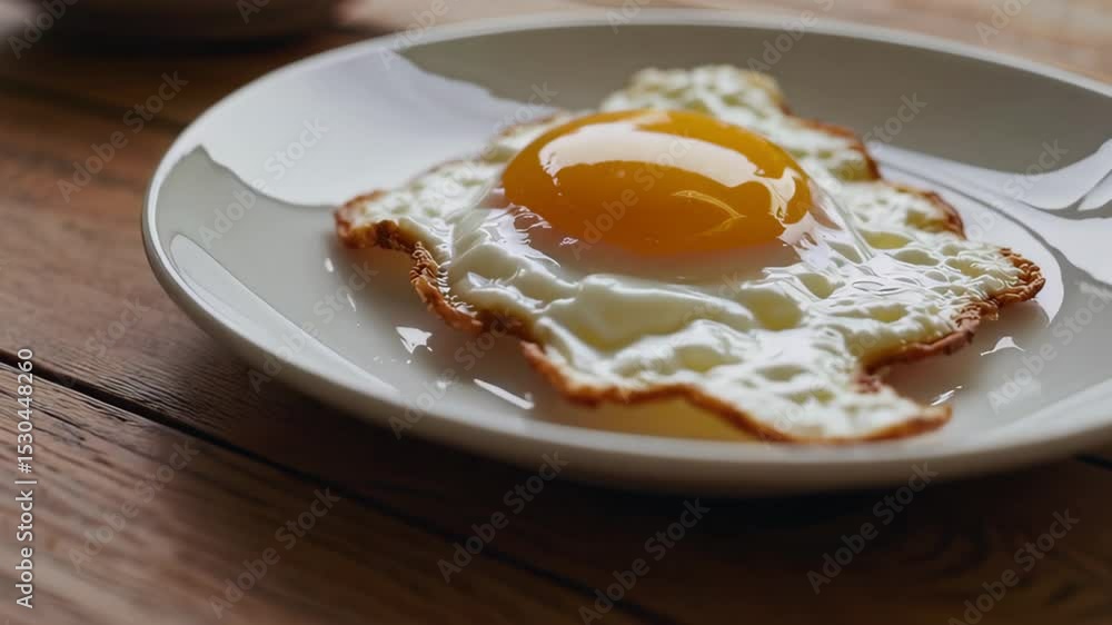 Perfect Sunny Side Up Egg on White Plate Resting on Wooden Surface for Breakfast or Brunch Food Photography Perfect Sunny Side Up Egg on White Plate Resting on Wooden Surface for Breakfast or Brunch Food Photography