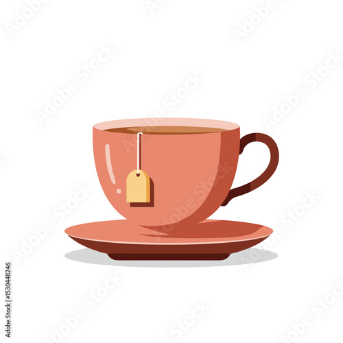 A cozy pink teacup with a teabag on a wooden table, perfect for a warm beverage setting
