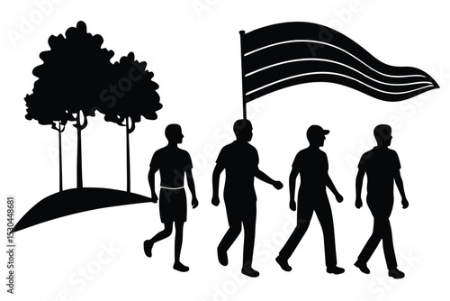 Friends walking in park with rainbow flag