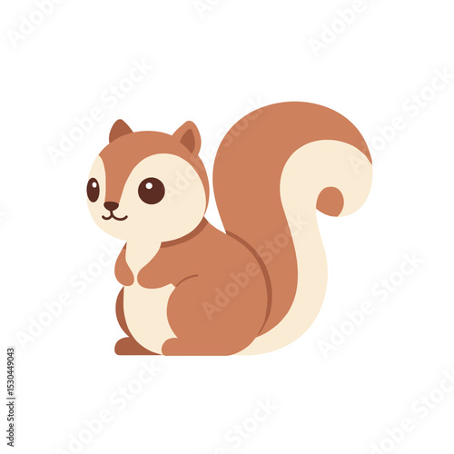 Cute cartoon squirrel sitting with a fluffy tail, surrounded by a simple white background