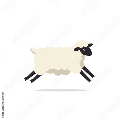 A playful sheep leaps joyfully across a white background, symbolizing freedom