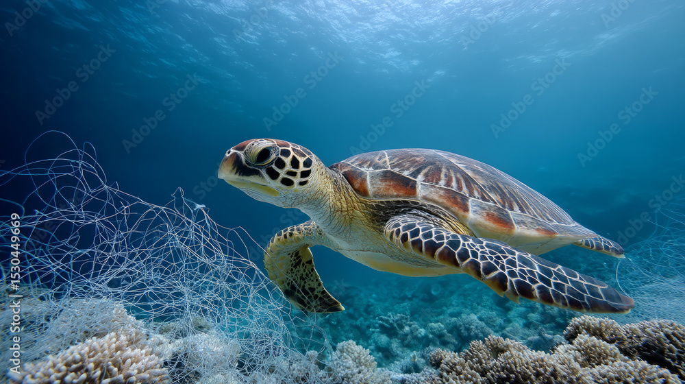 Fototapeta premium Plastic pollution in the ocean is an environmental problem. Sea Turtle trapped on a loose fishing net A global problem, threatening ocean wildlife 