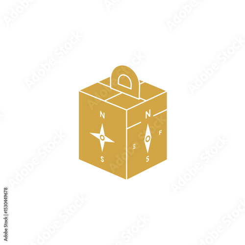 Golden compass box with directional markings and a slot for coins, isolated on white