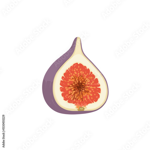 A vibrant, sliced fig showcasing its juicy interior, set against a clean white background