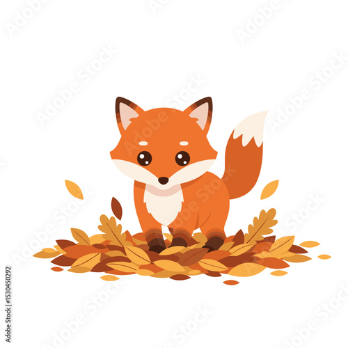 Cute cartoon fox sitting among colorful autumn leaves with a white background