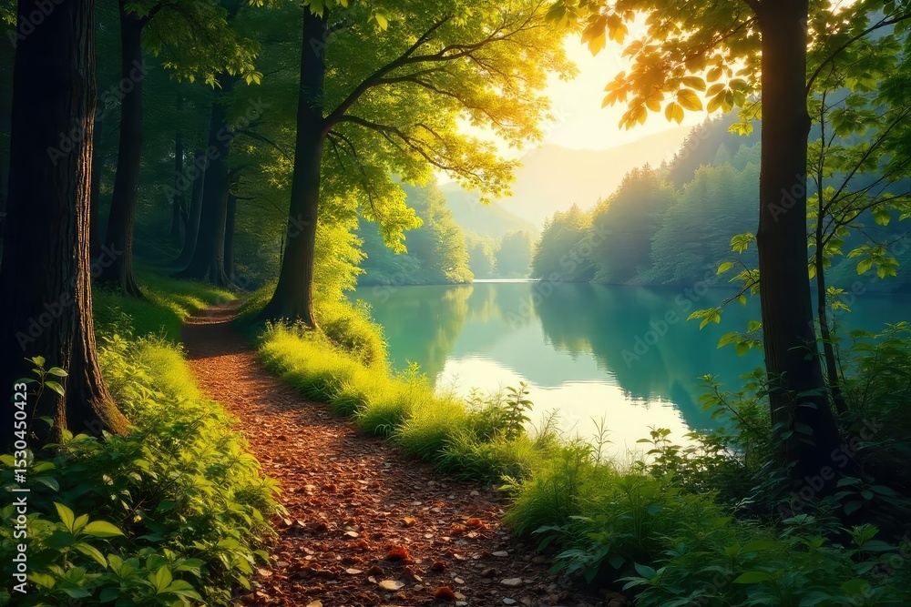 Obraz premium Serene nature scene; sunlit forest path winding towards a tranquil lake, conveying peace and spiritual restoration , spiritual growth, forest, healing