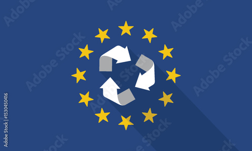Recycling Symbol with Long Shadow on the European Union Flag.