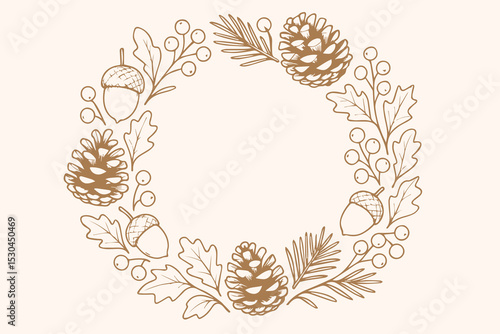 Vector illustration of a round frame with acorns, pine cones, and berries outlined in brown, set perfectly on a bright white background.

