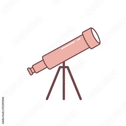 A pink telescope set on a tripod, aimed at the night sky, with stars twinkling in the background