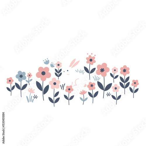 Playful rabbit hiding among colorful flowers in a serene garden setting