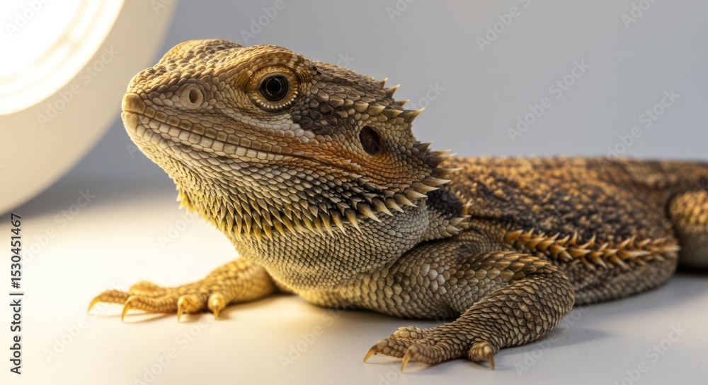 Fototapeta premium Bearded Dragon Lizard Resting on White Surface in Indoor Environment