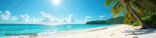 Sun-drenched white sand beach, turquoise water gently lapping the shore, lush palm trees swaying in the tropical breeze, a perfect postcard scene of paradise , travel, calm, vibrant