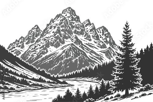 Scenic mountain range landscape illustration depicting majestic peaks and lush evergreen forests with clear transparency for versatile design