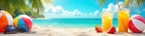 Vibrant summer scene featuring colorful beach balls, sunglasses, and refreshing drinks, perfect for a summer-themed project or design , summertime, teal, august