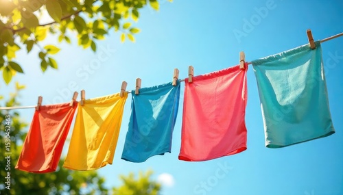 Wallpaper Mural Vibrant summer laundry drying on a clothesline in bright sunlight, with a gently swaying breeze Perfect for themes of summer, freshness, and clean living , washing, clean Torontodigital.ca