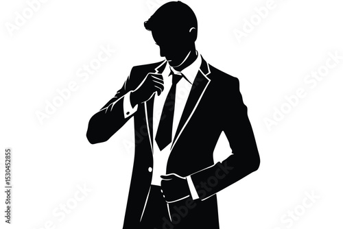 Groom adjusting blazer silhouette elegant wedding illustration