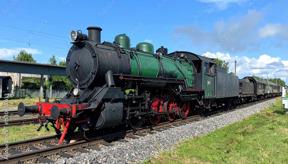 Naklejka premium Vintage Steam Locomotive Elegance Amidst Summer Skies and Verdant Scenery
