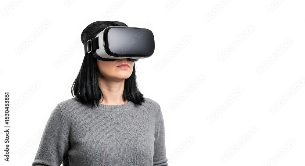 Woman Wearing Virtual Reality Headset With Black Hair And Grey Dress In White Background Woman Wearing Virtual Reality Headset With Black Hair And Grey Dress In White Background