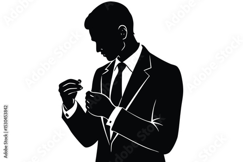 Groom adjusting cufflinks silhouette elegant wedding vector design