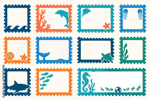 Underwater Ocean Sea Life Postage Stamp Frame Silhouette Clipart Set