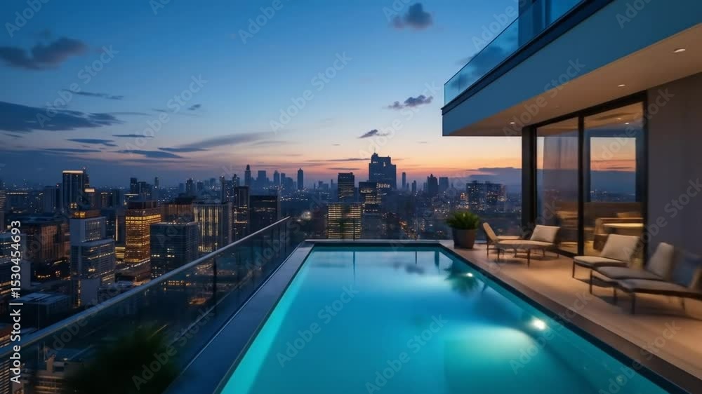 Modern building perspective with terrace and swimming pool with sea view background, Family vacation idea. 3D , 4k video Modern building perspective with terrace and swimming pool with sea view background, Family vacation idea. 3D , 4k video