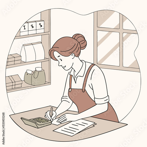 Shopkeeper Calculating Invoices at Small Business