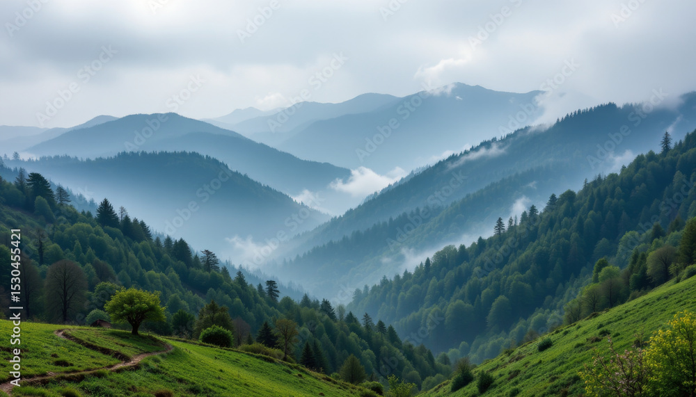 Fototapeta premium Misty mountain backdrop with lush green forest and rolling hills under cloudy sky