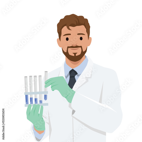 Scientist Holding Test Tubes in Laboratory. Flat vector illustration isolated on white background