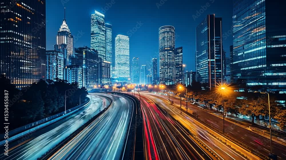 City highway at night with illuminated buildings City highway at night with illuminated buildings