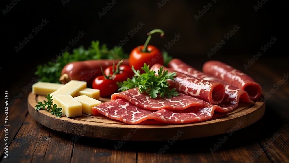 Delicious Italian cured meats and cheese platter with fresh tomatoes and herbs on wooden board Delicious Italian cured meats and cheese platter with fresh tomatoes and herbs on wooden board