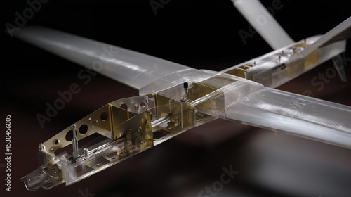 A crosssectional view of a composite drone airframe revealing internal structures and reinforcing materials used for enhanced durability without the need for molds.