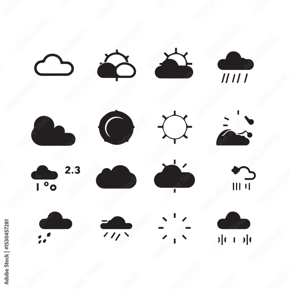 Weather icons set cloud sun rain snow temperature Weather icons set cloud sun rain snow temperature