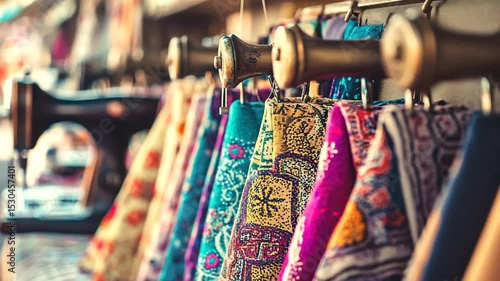 Colorful fabrics hanging on display in a market, with a vintage sewing machine in the background.