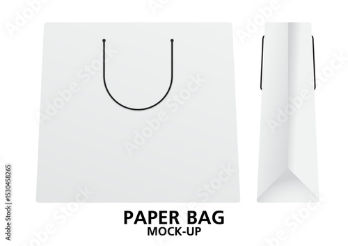 A vector mock-up of a white paper shopping bag with black rope handles. Ideal for branding presentations, packaging design, or product promotion. 