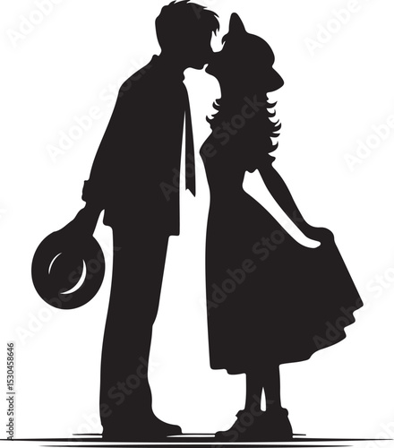 Silhouette of a romantic couple sharing a tender kiss, a timeless depiction of love and affection